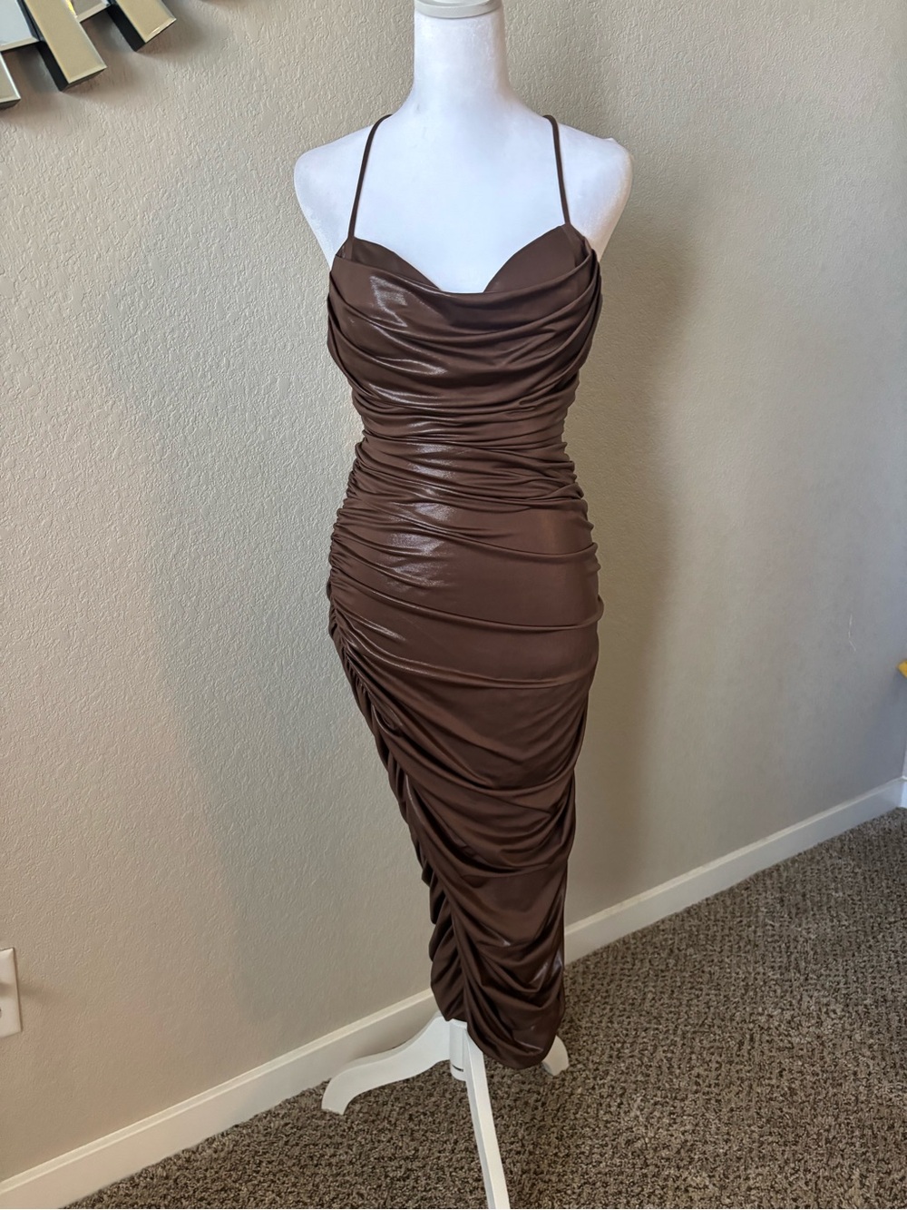 Windsor Chocolate Brown Ruched Midi Dress with Cowl Neck